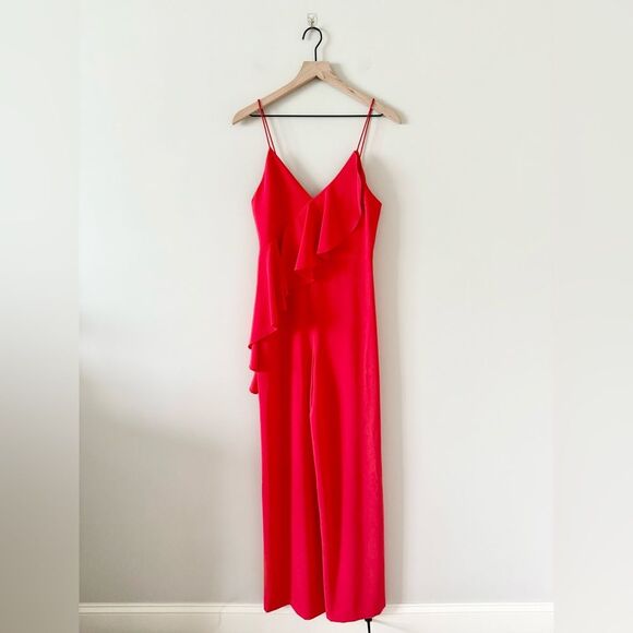Alice + Olivia Keeva Ruffled Crepe Wide Leg Jumpsuit in Papaya Red - Size 6 - Picture 3 of 8